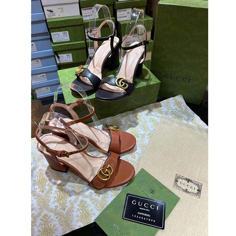 Gucci Women GG Leather Mid-Heel Sandal Black Double G 8 Cm Heel