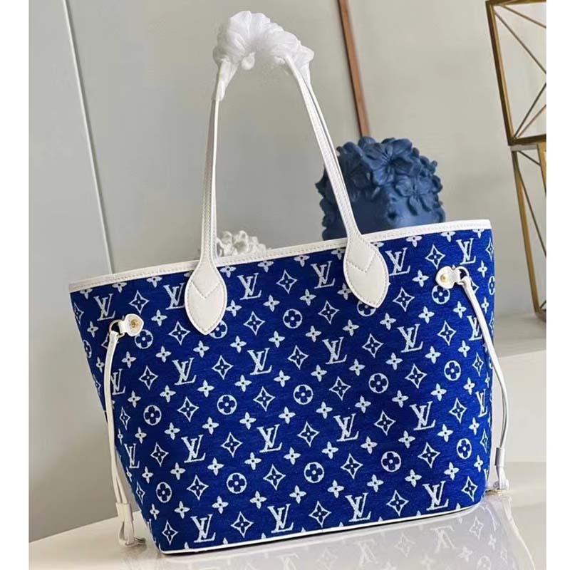 Louis Vuitton Women Neverfull MM Tote Blue Monogram Jacquard Velvet Cowhide Leather