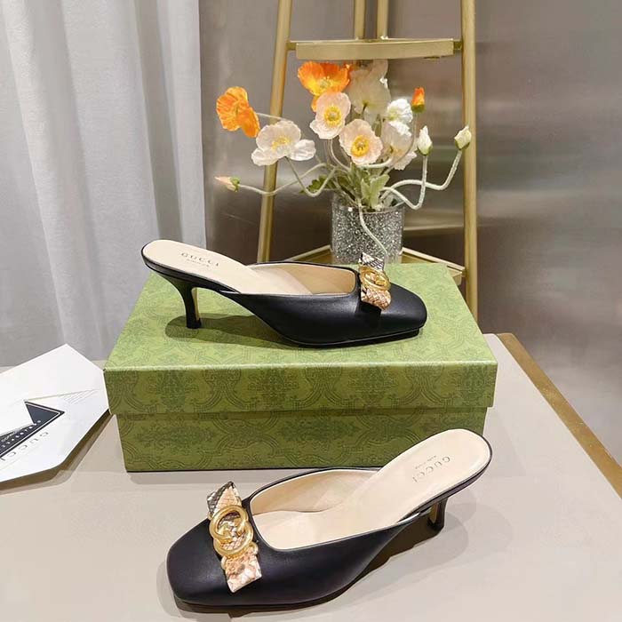 Gucci Women GG Interlocking G Mule Black Leather Square Toe Leather Mid-Heel