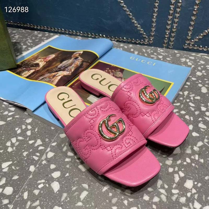 Gucci Women Matelassé Slide Sandal Pink GG Matelassé Leather Square Toe Flat