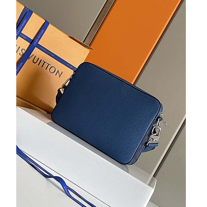 Louis Vuitton LV Unisex Trio Messenger Cobalt Blue Monogram Coated Canvas Taiga Cowhide Leather