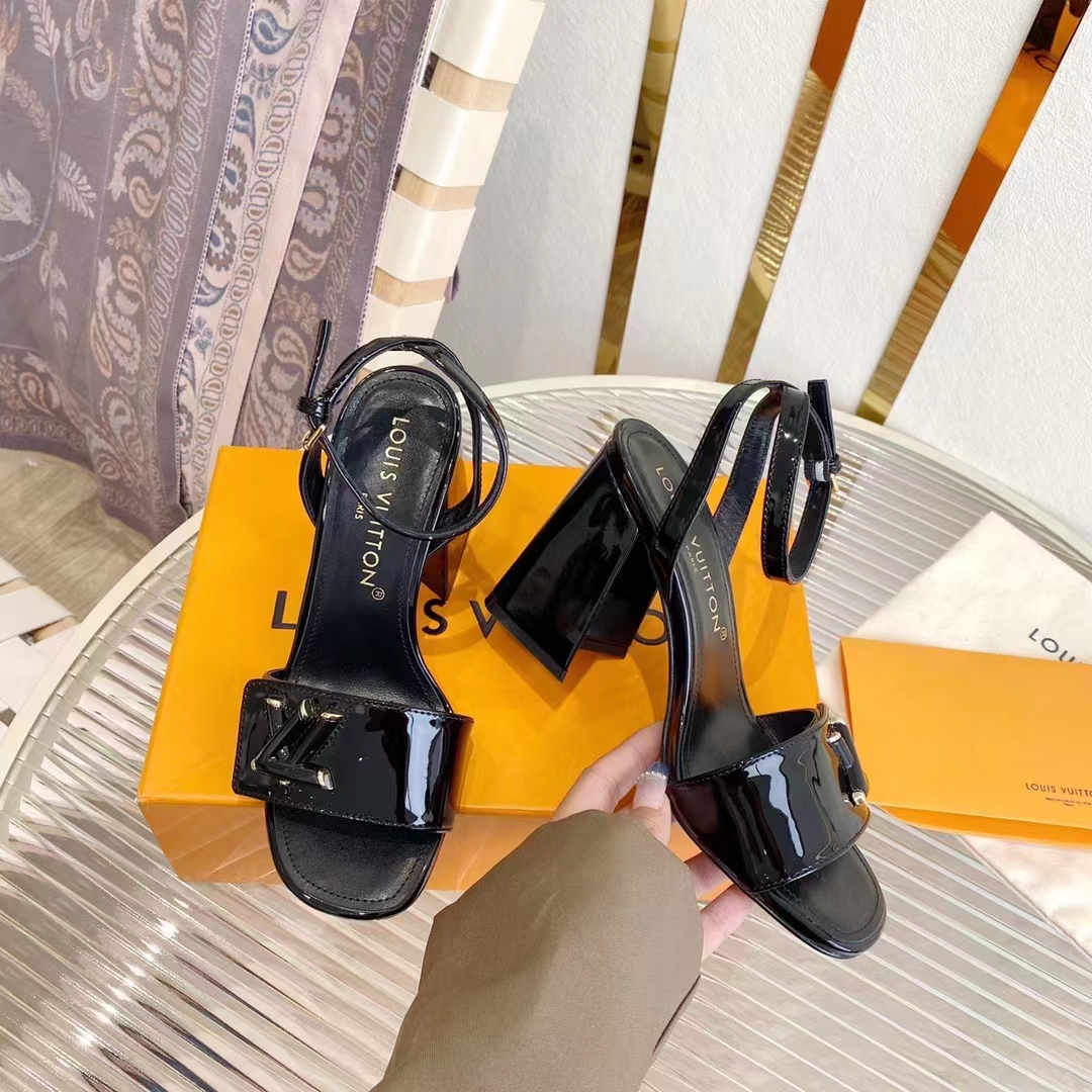 Louis Vuitton LV Women Shake Sandal Black Patent Calf Leather 9.5 Cm Heel