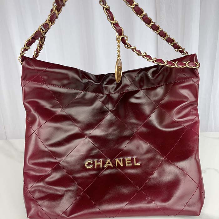 Chanel Women CC 22 Handbag Shaded Calfskin Gold-Tone Metal Pink Burgundy