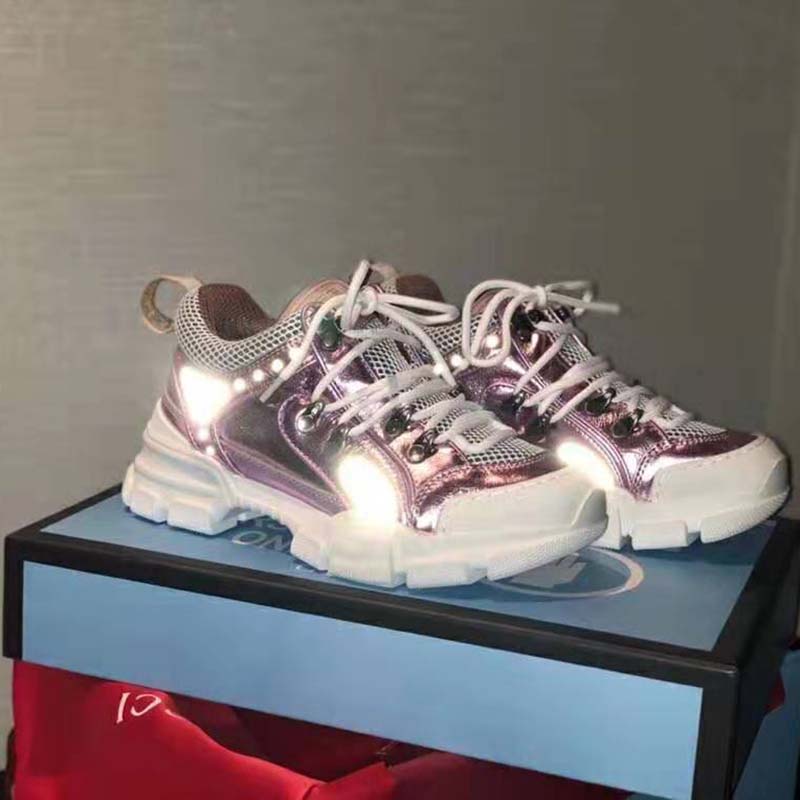 Gucci Unisex Flashtrek Sneaker with Removable Crystals in Pink Metallic Leather 5.6 cm Heel