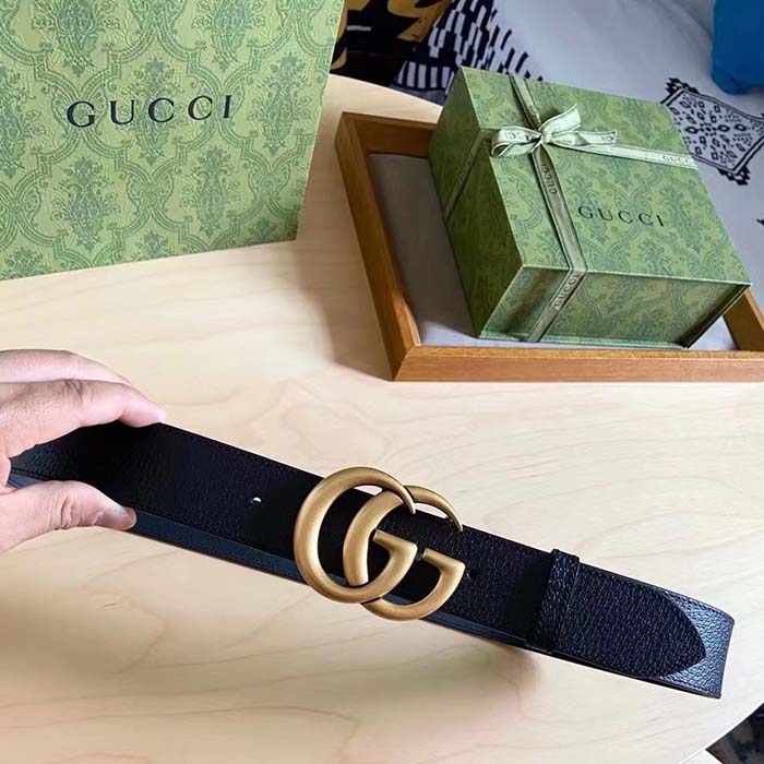 Gucci Unisex GG Wide Leather Belt Double G Buckle 3.8 CM Width Black Metal-Free Tanned