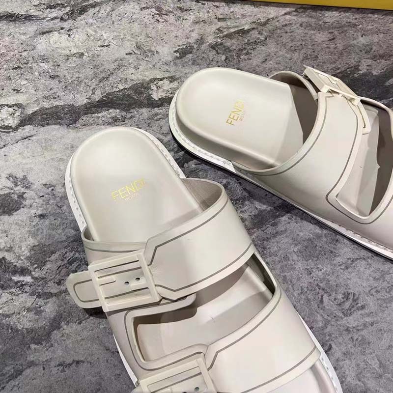 Fendi Women FF Fendi Feel White Leather Slides 0.5 Cm Heel