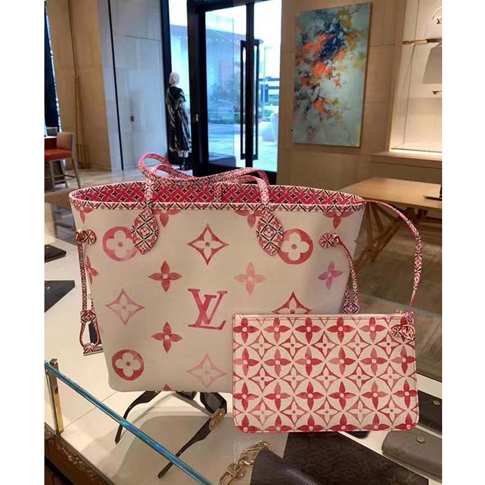 Louis Vuitton LV Unisex Neverfull MM Pink Monogram Coated Canvas Textile Lining