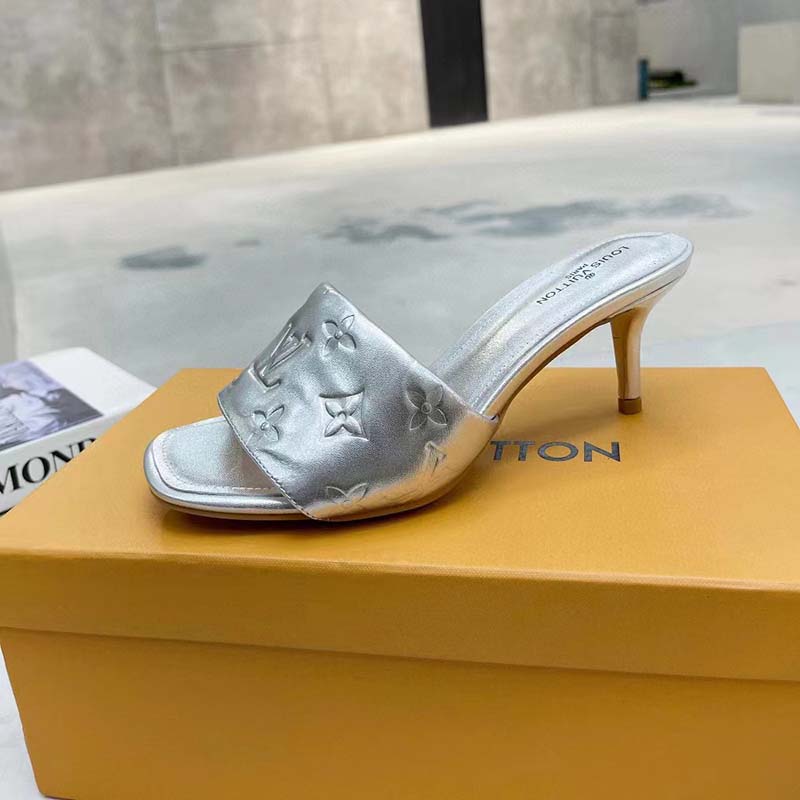 Louis Vuitton LV Women Revival Mule Silver Monogram Embossed Metallic Lambskin
