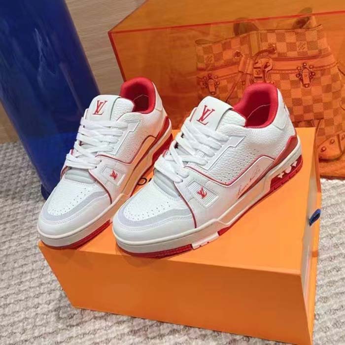 Louis Vuitton Unisex LV Trainer Sneaker Red Calf Leather Rubber Outsole Initials