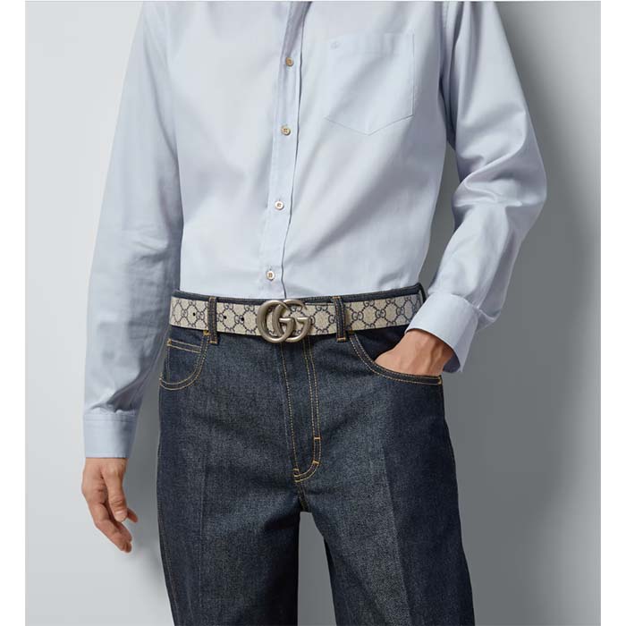 Gucci Unisex GG Marmont Reversible Belt Beige Blue GG Supreme Canvas Double G Buckle