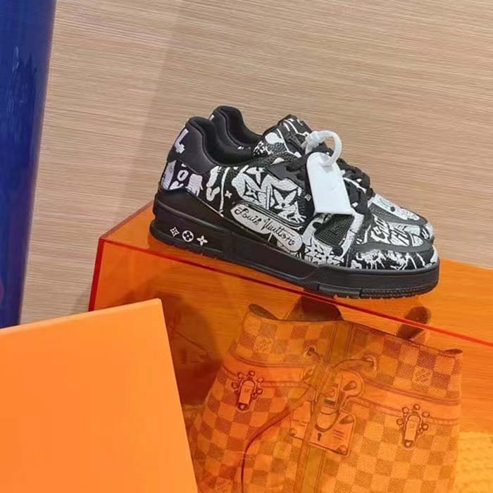 Louis Vuitton Unisex LV Trainer Sneaker Black Printed Canvas Rubber Outsole Monogram Flowers