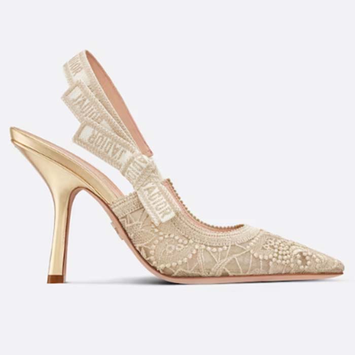 Dior Women CD J’Adior Slingback Pump Transparent Mesh Embroidered Gold-Tone D-Lace Macramé