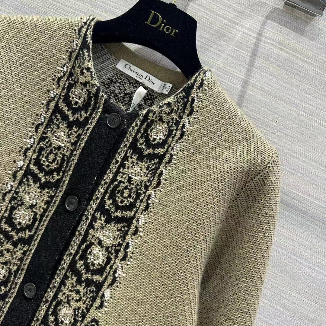Dior Women CD Cardigan Beige Black Virgin Wool Cotton Jacquard Butterfly Bandana Motif