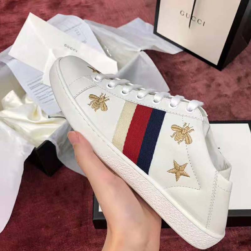Gucci Women’s Ace Embroidered Sneaker in White Leather with Bees and Stars