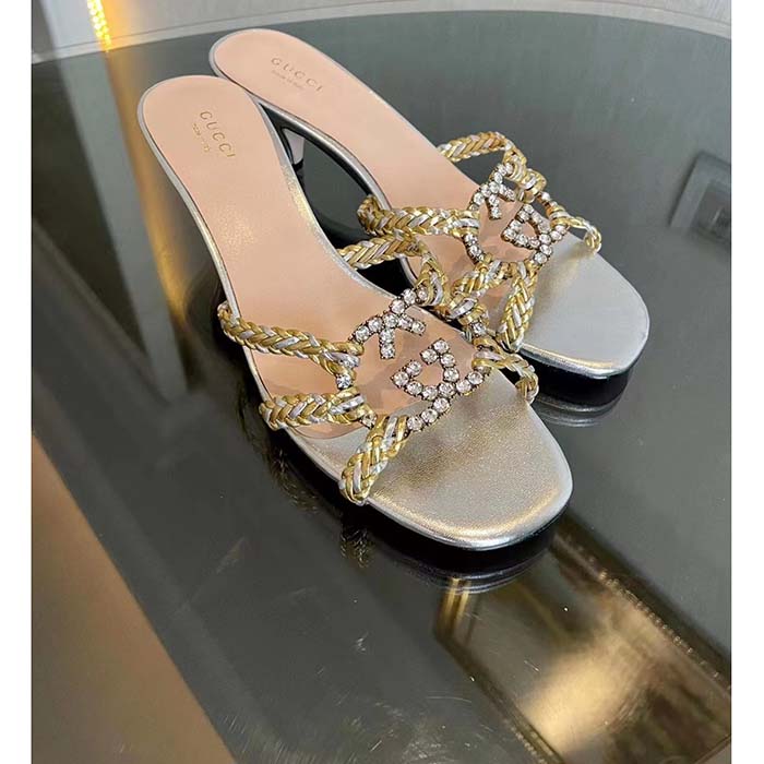 Gucci Women GG Nojum Slide Sandal Metallic Platinum Silver Braided Leather Mid-Heel
