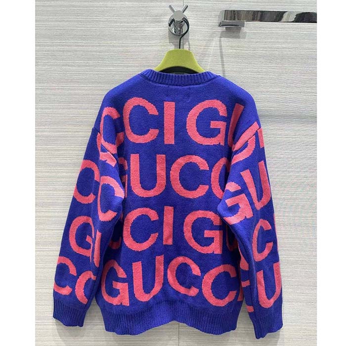 Gucci Women GG Wool Sweater Gucci Intarsia Blue Crewneck Dropped Shoulder