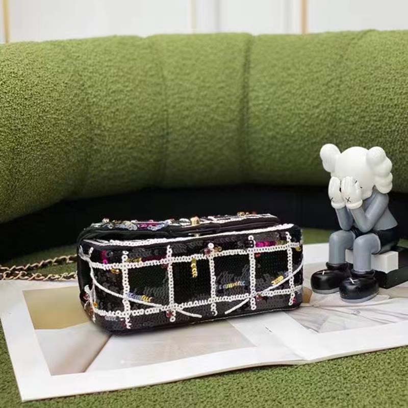 Chanel Women CC Classic Handbag Embroidered Satin Sequins Gold-Tone Metal