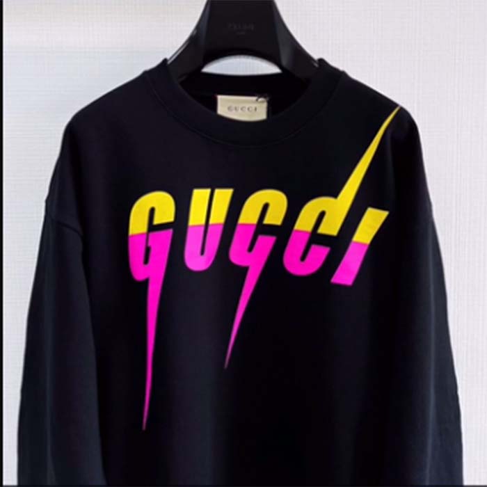 Gucci Women GG Cotton Jersey Printed Sweatshirt Black Felted Blade Print Crewneck Long Sleeves