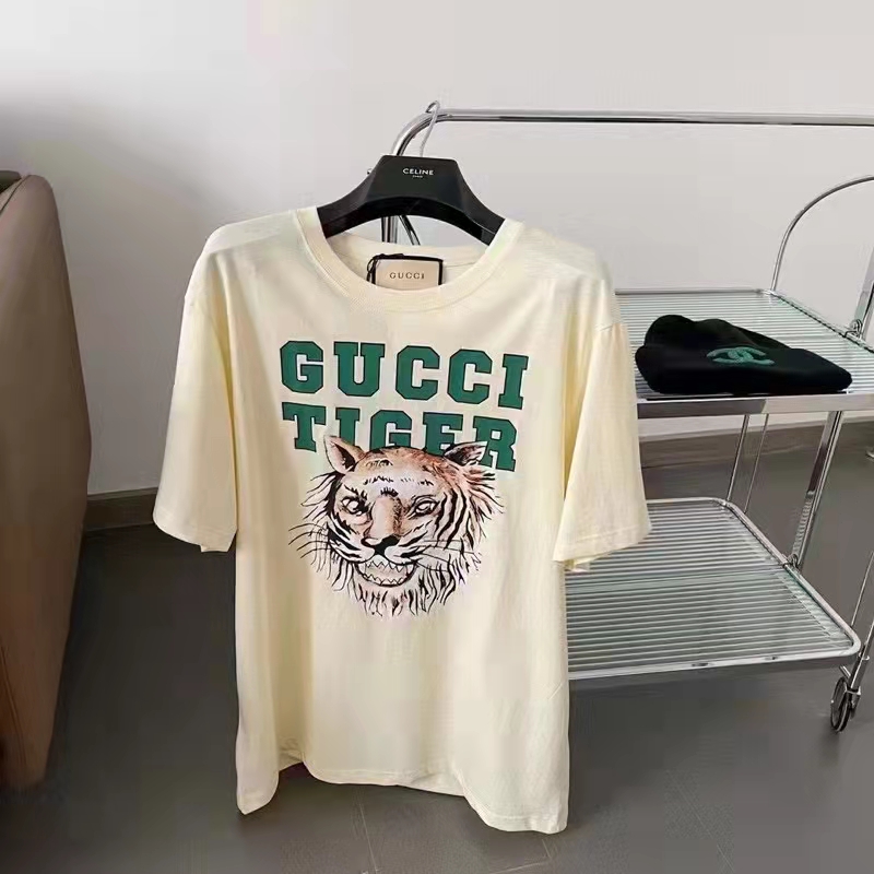 Gucci GG Men Gucci Tiger Cotton T-Shirt White Cotton Jersey Crewneck