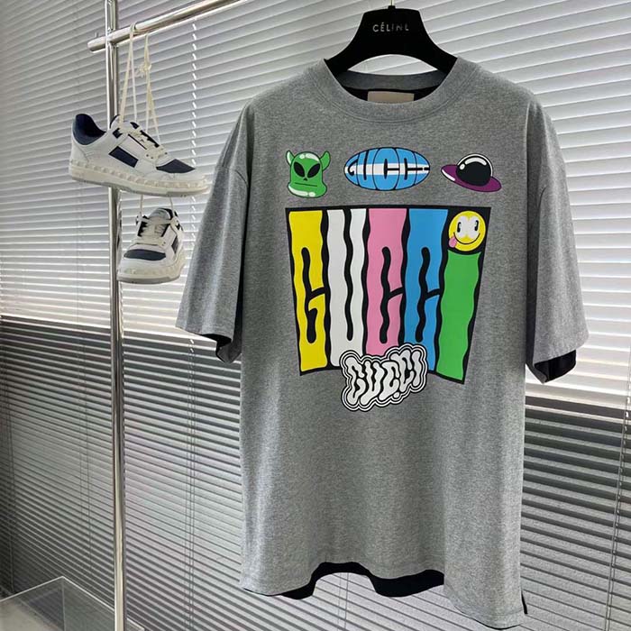 Gucci Men GG Reversible Cotton Jersey T-Shirt Grey Crewneck Short Sleeves