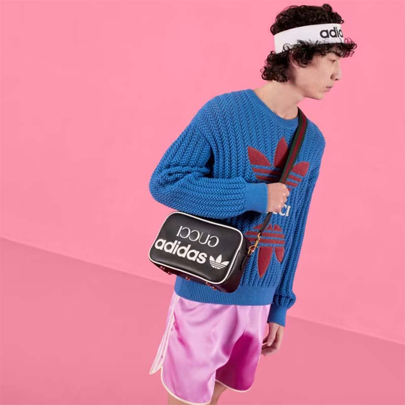 Gucci Unisex GG Adidas x Gucci Small Shoulder Bag Black Leather Green Red Web