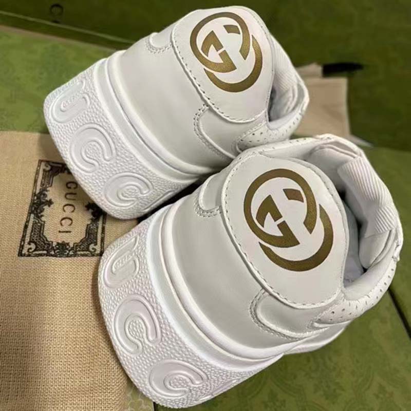 Gucci Unisex GG Embossed Sneaker White Smooth Leather Lace Up Flat