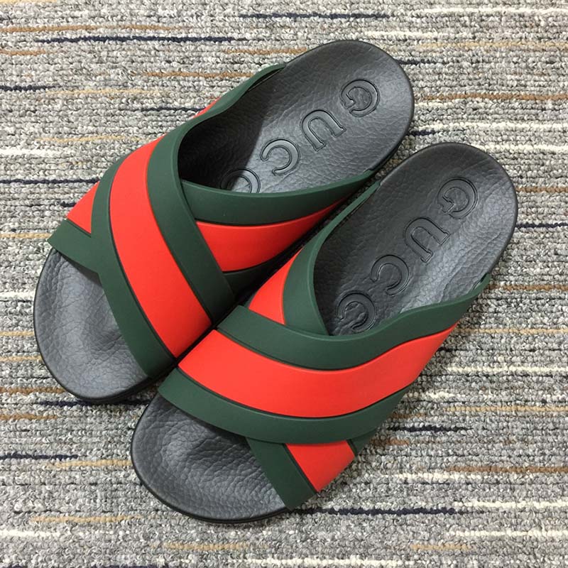 Gucci Unisex Web Slide Sandal Green Red Rubber Web Rubber Sole Low Heel