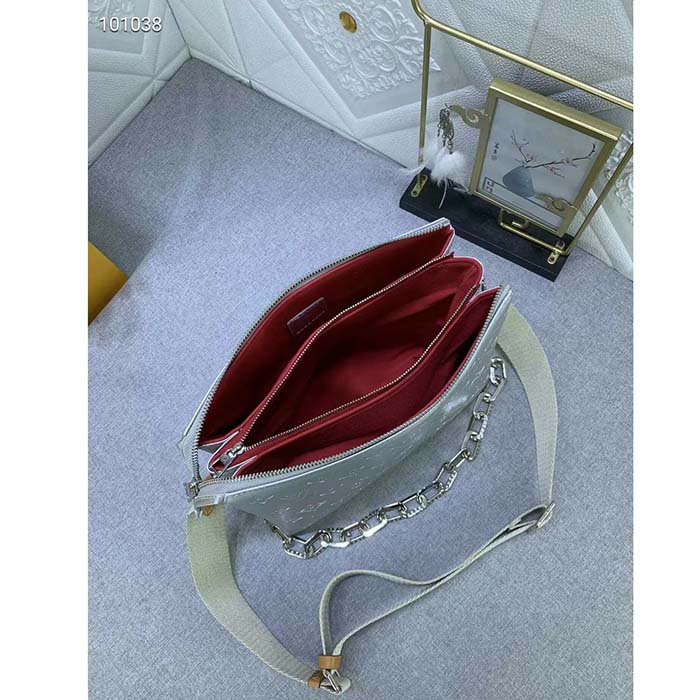 Louis Vuitton LV Women Coussin PM Handbag Silver Lambskin Cowhide Lining Zip Closure