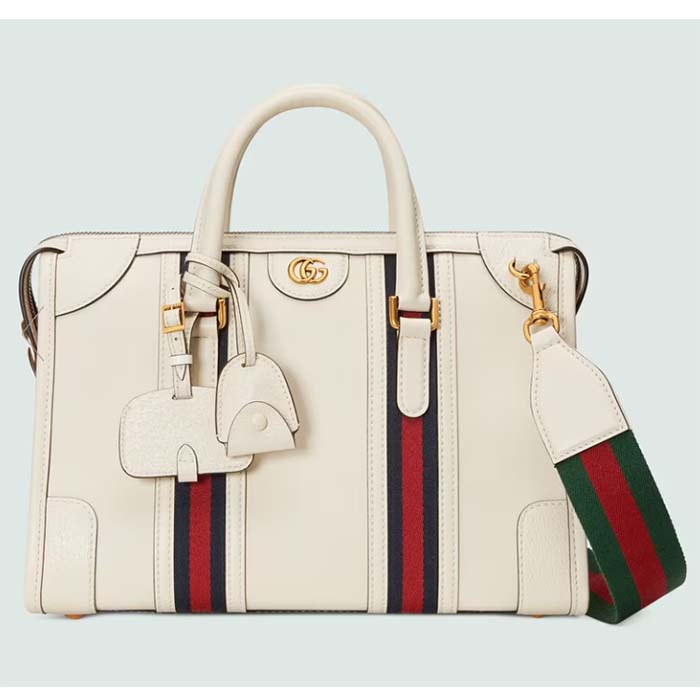 Gucci Unisex GG Bauletto Medium Top Handle Bag White Leather Double G