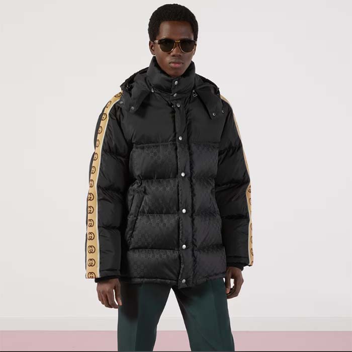 Gucci Men GG Jacquard Nylon Quilted Coat Down Goose Feather Black Knit Rib Nylon Lining