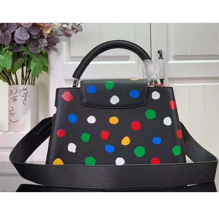 Louis Vuitton Women LV x YK Capucines MM Black Taurillon Bull Calf Leather 3D Painted Dots Print
