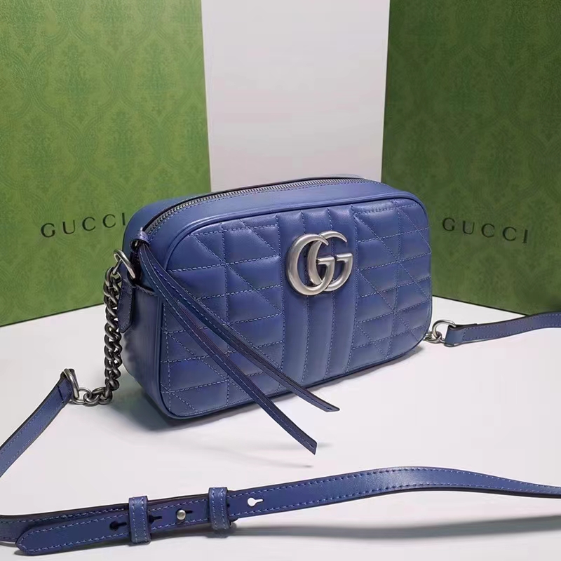 Gucci Unisex GG Marmont Matelassé Shoulder Bag Blue Matelassé Leather Double G
