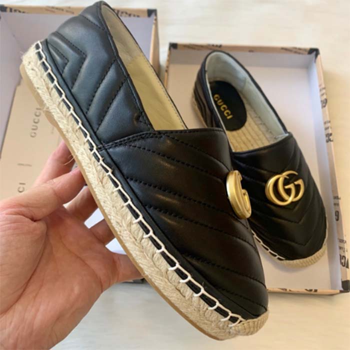 Gucci Women GG Shoes Espadrilles Leather Loafer Low Heel-Black