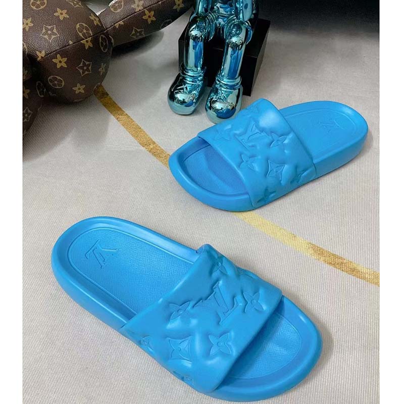 Louis Vuitton LV Unisex Waterfront Mule Blue Monogram Embossed Rubber Waterproof