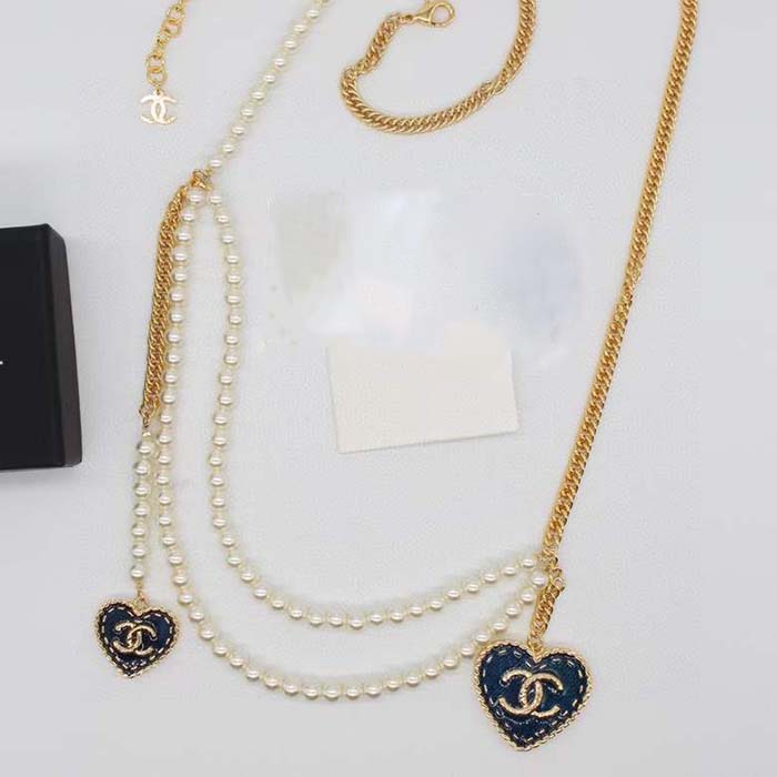 Chanel Women CC Chain Belt Metal Glass Pearls Gold Blue Pearly White