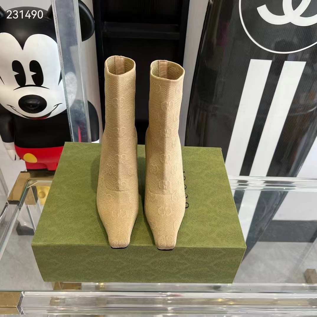 Gucci Women GG Knit Ankle Boots Beige GG Technical Knit Fabric Square Toe Leather Mid-Heel