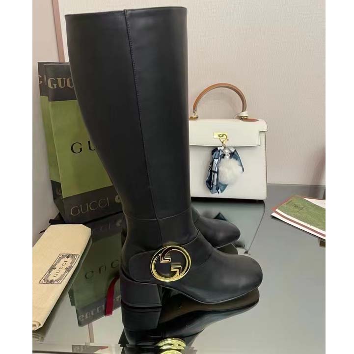 Gucci Blondie Women’s Blondie Boot Black Leather Round Interlocking G Low 5 Cm Heel