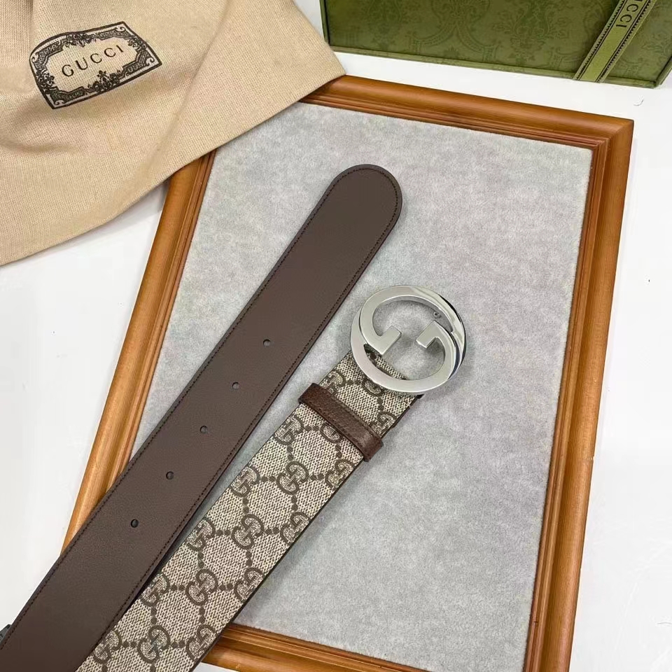 Gucci Unisex GG Blondie Belt Round Interlocking G Buckle Beige Ebony Supreme Canvas