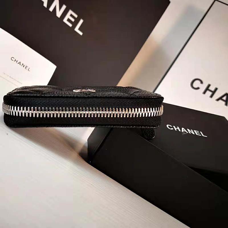 Chanel Women Classic Zipped Coin Purse in Grained Calfskin & Silver-Tone Metal-Black