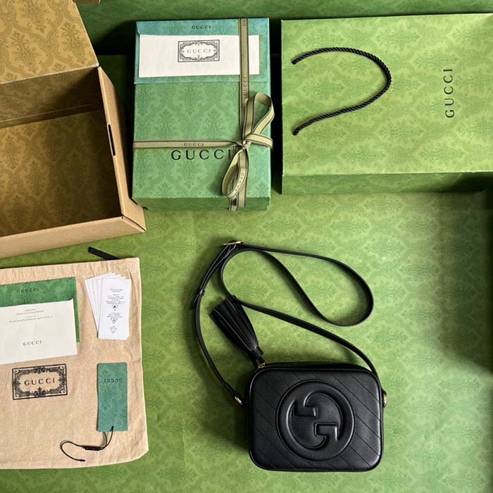 Gucci Women GG Blondie Small Shoulder Bag Black Leather Round Interlocking G