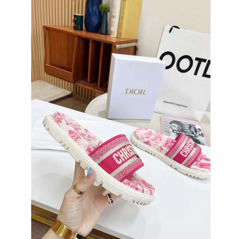 Dior Unisex CD Dway Slide Bright Pink Toile De Jouy Embroidered Cotton