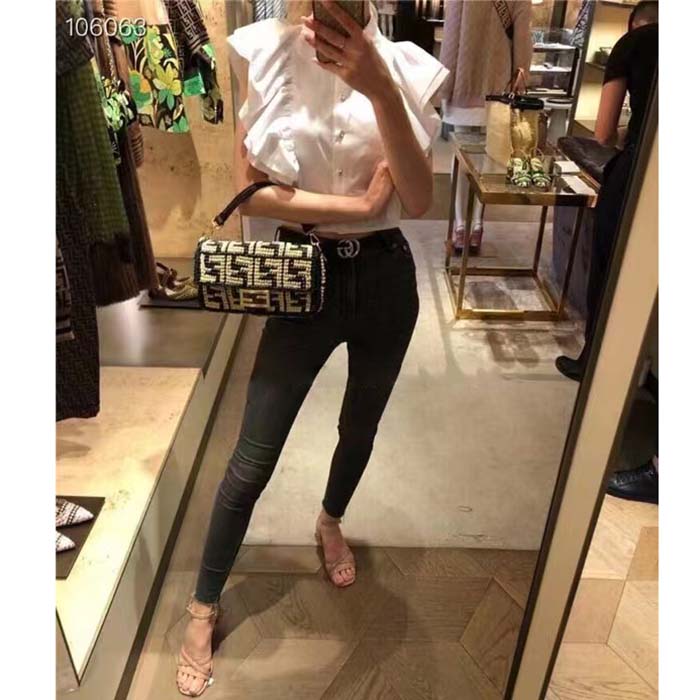 Fendi Women FF Baguette Black Raffia Back Crocheted FF