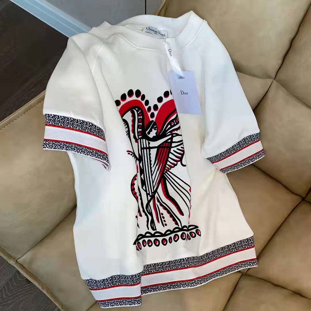 Dior Women Short-Sleeved Sweatshirt White Cotton Jersey with Multicolor Cupidon Motif