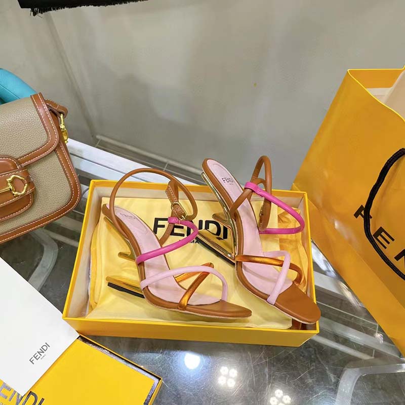 Fendi Women FF First Pink Nappa Leather High-Heeled Sandals 9.5 cm Heel