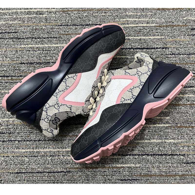 Gucci Unisex Rhyton Sneaker Beige Blue GG Supreme Canvas Rubber Sole Mid Heel