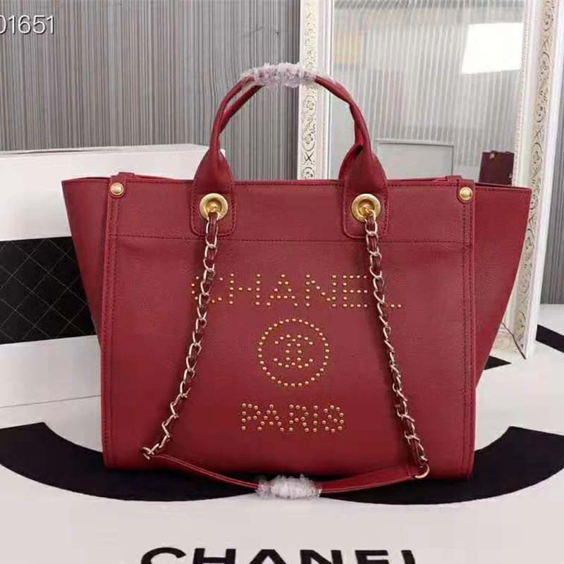 Chanel Women Chanel’s Large Tote Shopping Bag in Grained Calfskin Leather-Red