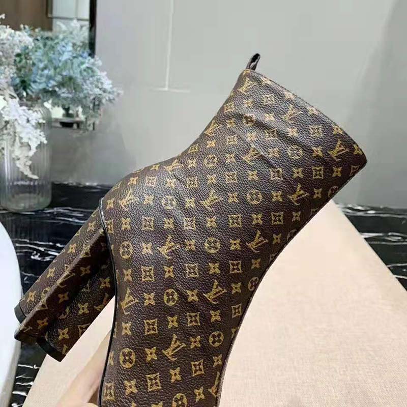 Louis Vuitton LV Women LV Silhouette Ankle Boot in Patent Monogram Canvas-Brown