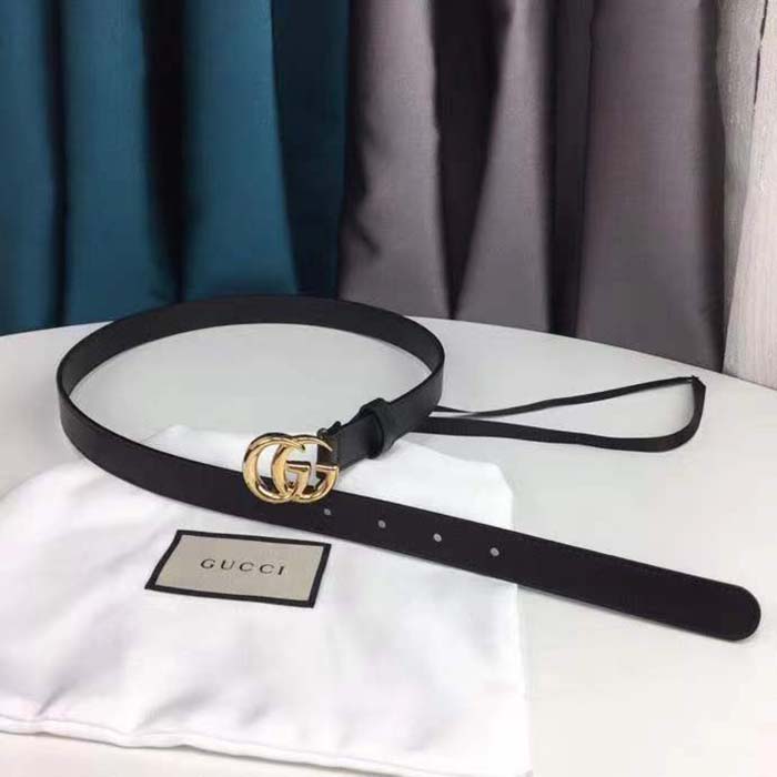 Gucci Unisex GG Marmont Thin Leather Belt Shiny Double G Buckle Black Leather 2 CM Width