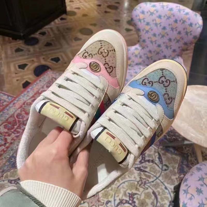 Gucci Unisex Screener Sneaker Crystals Beige Ebony GG Canvas 3.6 cm Heel