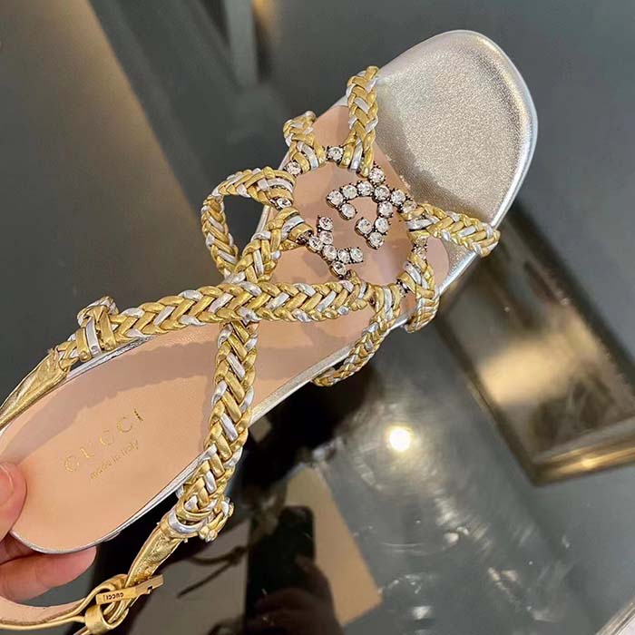 Gucci Women GG Nojum High Heel Sandal Metallic Platinum Silver Braided Leather 9 CM